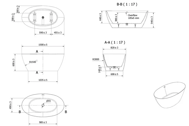 Badekar BIE 150 150x82x60cm hvit 