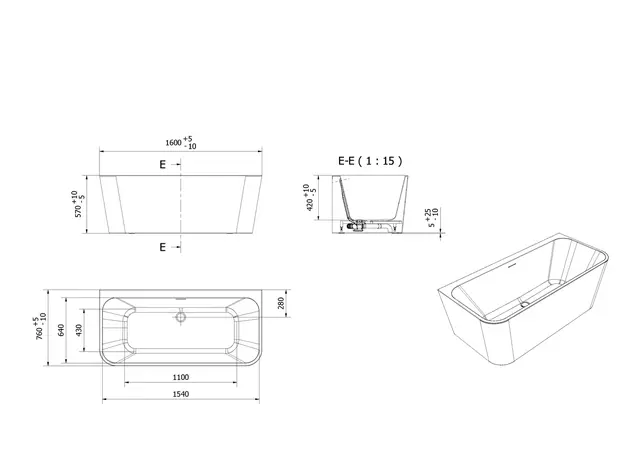 Badekar DYBE RETT 160 160x75x57cm hvit 