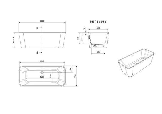 Badekar DYBE 170 170x75x56cm hvit matt 