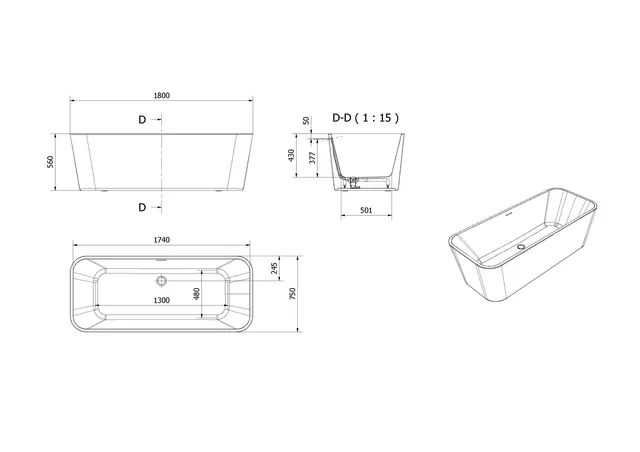 Badekar DYBE 180 181x75x56cm hvit 