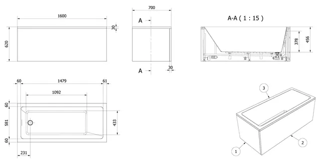 Badekarpakke med panel KVADRAT 160 160x70x62cm (front&ende) hvit 