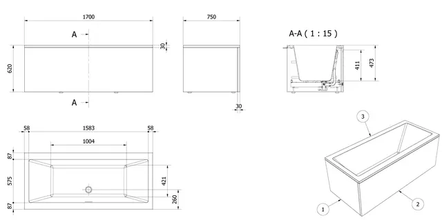 Badekarpakke med panel KVADRAT DUO 170 170x75x62cm (front&ende) hvit/hvit 