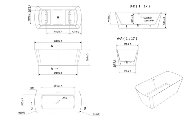 Badekar RORE 170 170x80x59cm hvit 