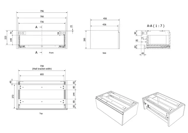 Sideskap fingergrep MIE DEMI 80 80x46x29cm sort matt pvc 