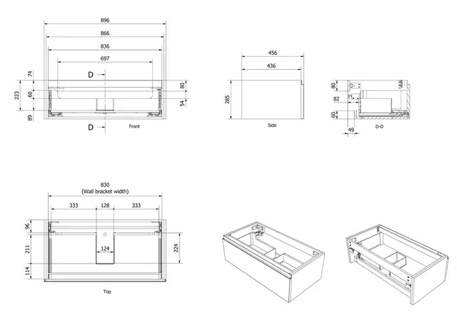 Servantskap fingergrep MIE DEMI 90 90x46x29cm sort matt pvc servant x1 