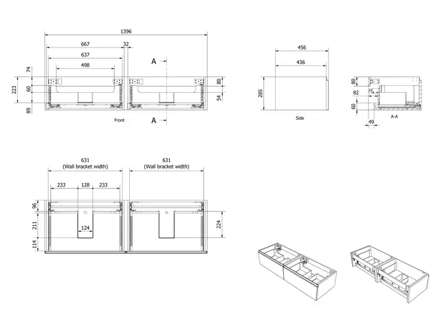 Servantskap fingergrep MIE DEMI 140 140x46x29cm sort matt pvc servant x2 