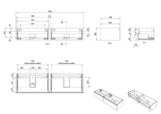 Servantskap fingergrep MIE DEMI 160 160x46x29cm sort matt pvc servant x2 