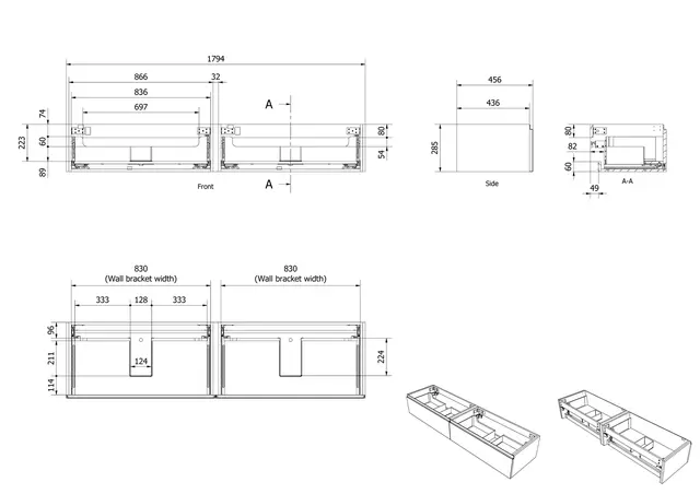 Servantskap bølge MIE DEMI 180 180x46x29cm sort eik finer servant x2 