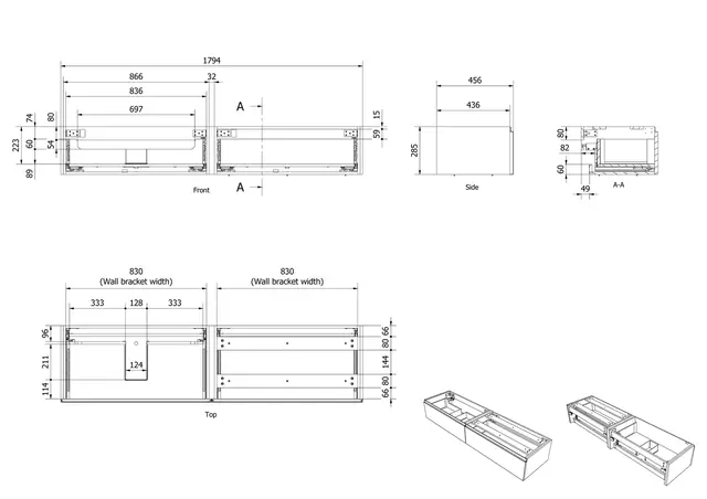 Servantskap fingergrep MIE DEMI 180 180x46x29cm sort matt pvc servant x1 