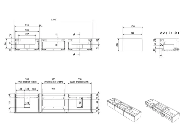 Servantskap slett MIE DEMI 180 3x60 180x46x29cm sort matt pvc servant x2 