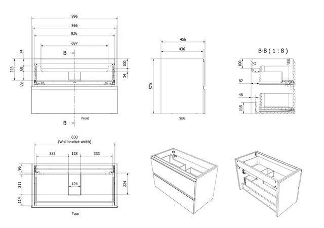 Servantskap bølge MIE 90 90x46x57cm sort eik finer 