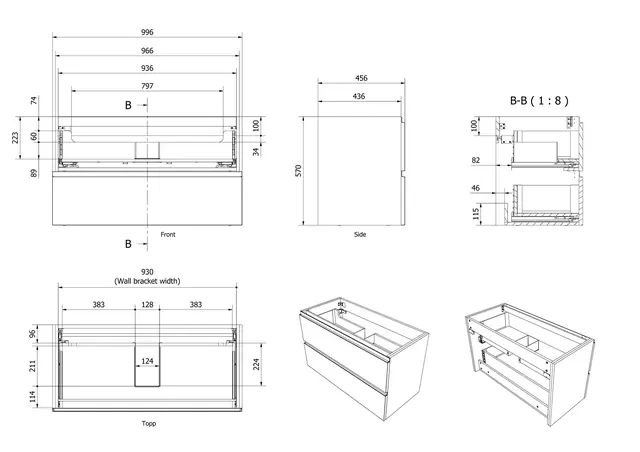 Servantskap bølge MIE 100 100x46x57cm sort eik finer 