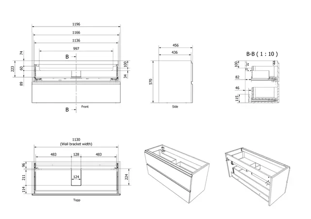 Servantskap fingergrep MIE 120 120x46x57cm hvit matt lakk 