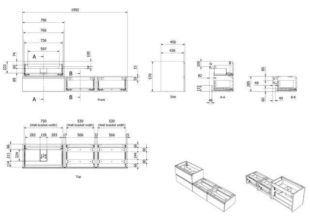 Servantskap fingergrep MIE SMART 200 200x46x57cm sort matt pvc servant x1 