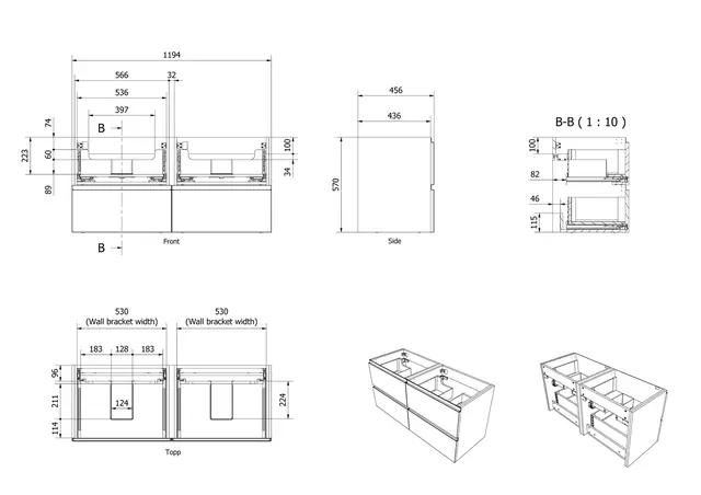 Servantskap stav MIE 120dbl 4S 120x46x57cm sort eik finer 