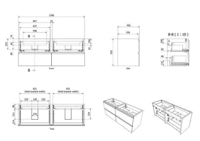 Servantskap stav MIE 140dbl 140x46x57cm valnøtt finer 