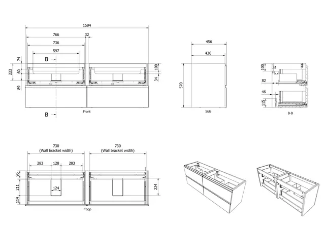 Servantskap ramme MIE 160dbl 160x46x57cm sort eik pvc 