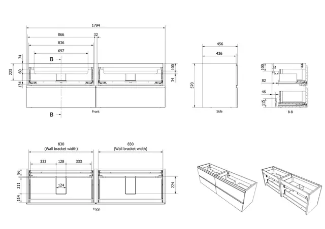 Servantskap ramme MIE 180dbl 180x46x57cm sort eik pvc 