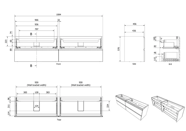 Servantskap stav MIE 200 200x46x57cm eik finer 