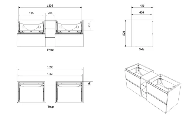 Servantskap fingergrep hylle MIE 140 140x46x57cm hvit lakk 