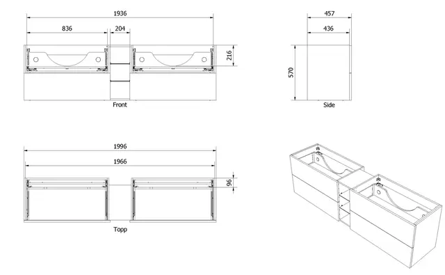 Servantskap slett hylle MIE 200 200x46x57cm lys eik pvc 