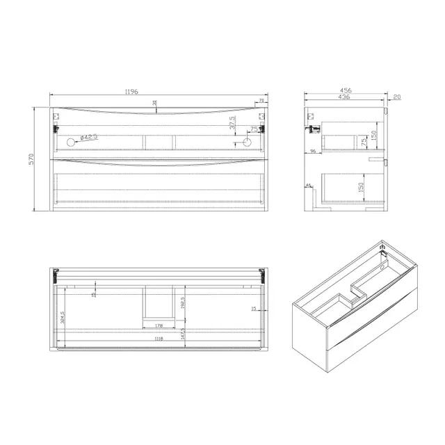 Servantskap ELI 120 120x46x57cm hvit melamin 