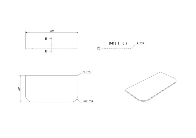 Benkeplate solid surface avrundet 90 90x46cm hvit matt 