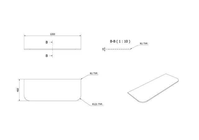 Benkeplate solid surface avrundet 120 120x46cm hvit matt 