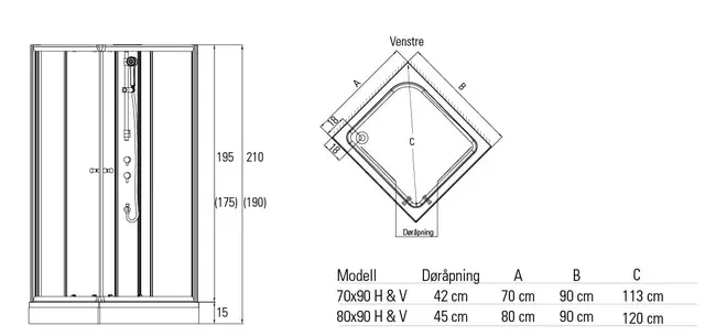 Dusjkabinett KIEV standard 80x90 80x90x210cm venstre hvit/hvit 