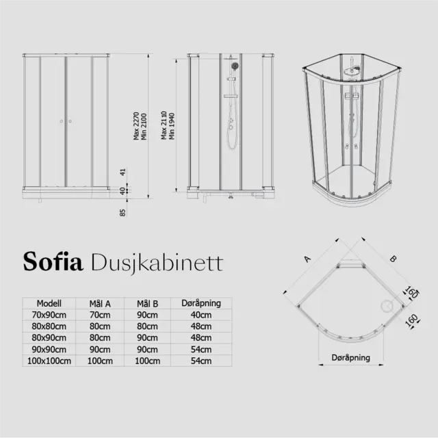 Dusjkabinett SOFIA standard 80x80 80x80x210cm hvit/hvit støpemarmor 