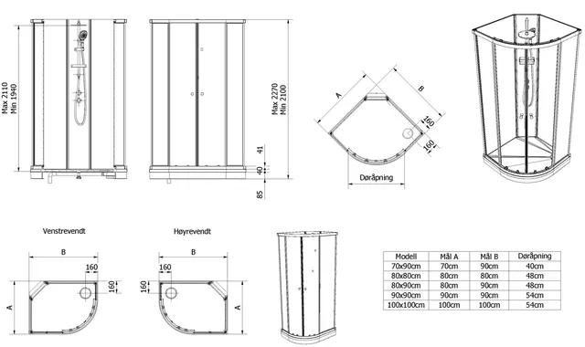 Dusjkabinett SOFIA pluss 100x100 100x100x210cm hvit søyle sort/klar 