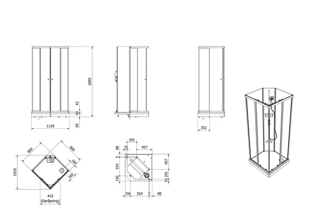 Dusjkabinett SOFIA rett basic 80x80 80x80x210cm hvit/klar 