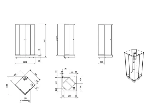 Dusjkabinett SOFIA rett standard 80x80 80x80x210cm hvit/hvit 