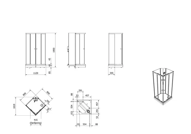 Dusjkabinett SOFIA rett std 80x80 lav 80x80x190cm hvit/hvit 