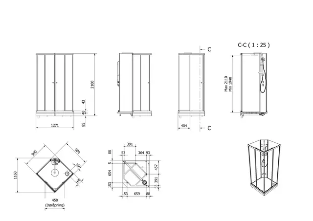 Dusjkabinett SOFIA rett pluss 90x90 90x90x210cm sort søyle sort/klar 