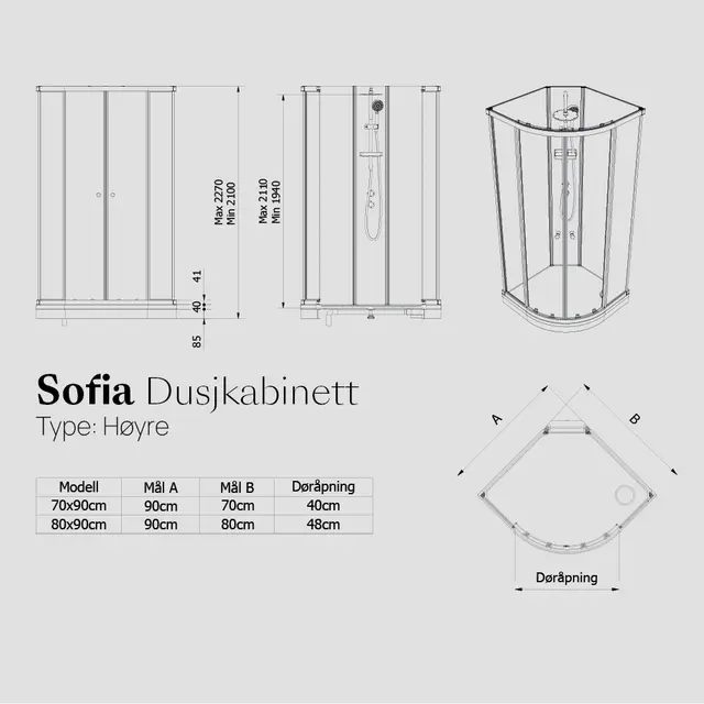 Dusjkabinett SOFIA standard 80x90 H 80x90x210cm høyre hvit/hvit 