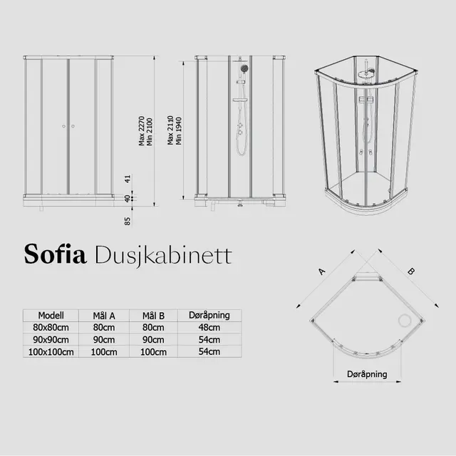 Dusjkabinett SOFIA standard 100x100 100x100x210cm hvit/hvit støpemarmor 