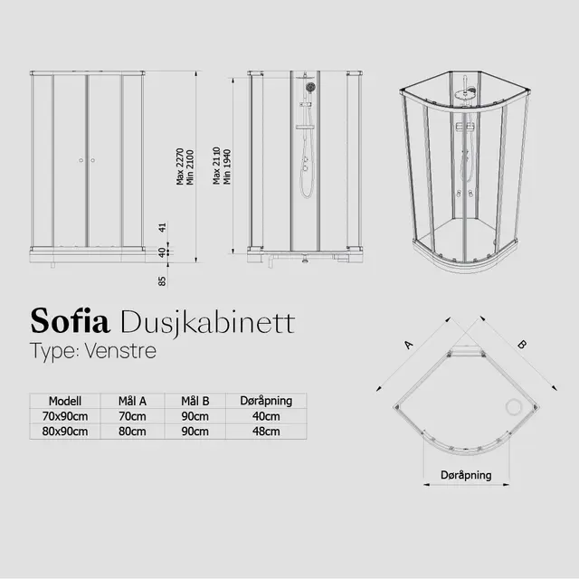 Dusjkabinett SOFIA standard 80x80 lav 80x80x190cm hvit/hvit 