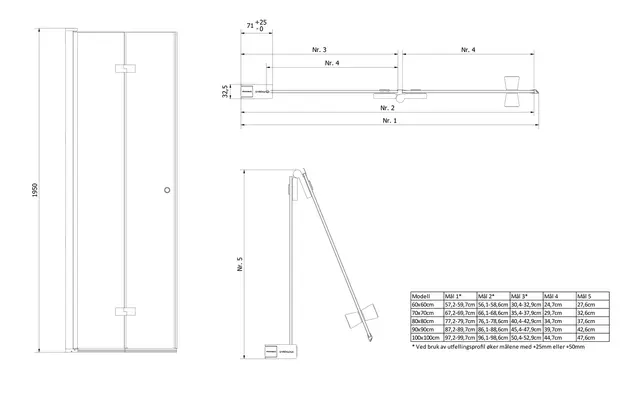 Dusjdør leddet LIAM 60 H 60x195cm høyre sort matt/klar 