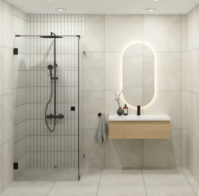 MIE DEMI 90 cm lys eik slett med Ada porselen vask 