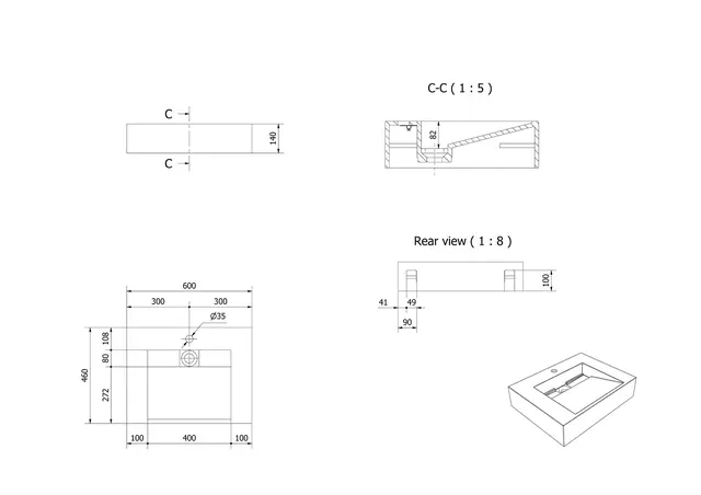 Servant vegghengt MIO 60 60x46x14cm solid surface hvit matt 