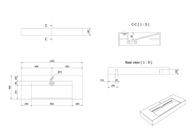 Servant vegghengt MIO 120 120x46x14cm solid surface hvit matt 