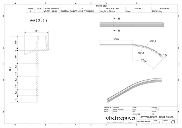 Subbelist rivbar buet LIAM 100 H 51mm høyre sort matt pvc 