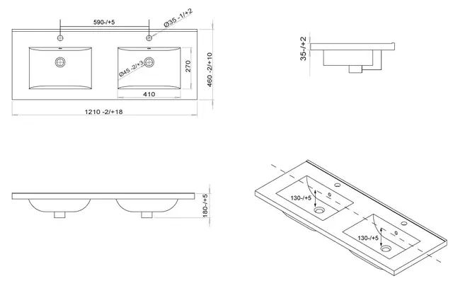 Servant ADA 120dbl mid 121x46x3,5cm porselen hvit 