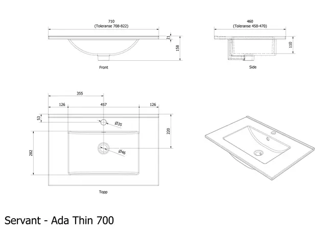 Servant ADA 70 thin 71x46x1,8cm porselen hvit 
