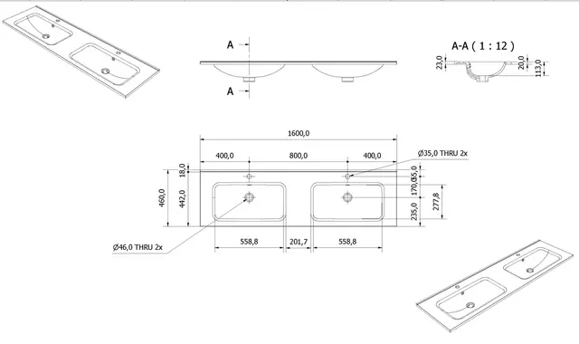 Servant INA 160dbl thin 160x46x2cm støpemarmor hvit 