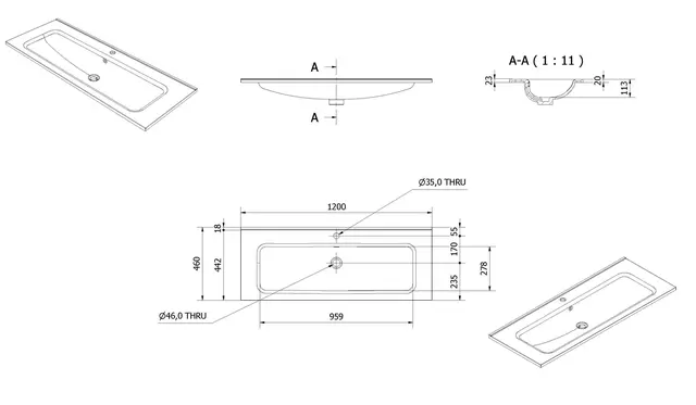 Servant INA 120 thin 120x46x2cm støpemarmor hvit 