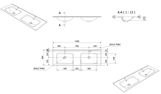 Servant INA 140dbl thin 140x46x2cm støpemarmor hvit 
