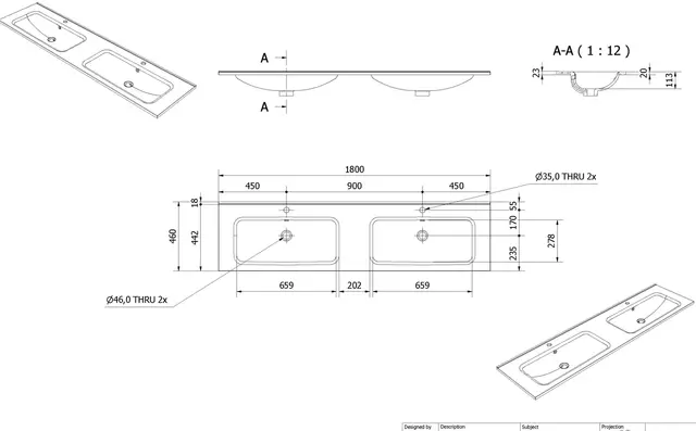 Servant INA 180dbl thin 180x46x2,5cm støpemarmor hvit 