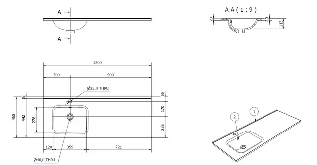 Servant INA 120 thin enkel V 120x46x2cm venstre støpemarmor hvit 